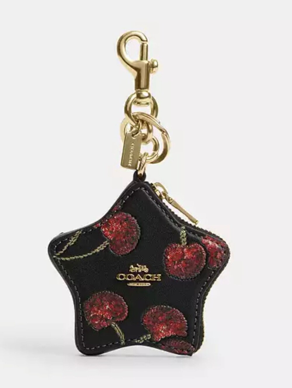Coach Black Star Coin Purse Keychain with Red Floral Print